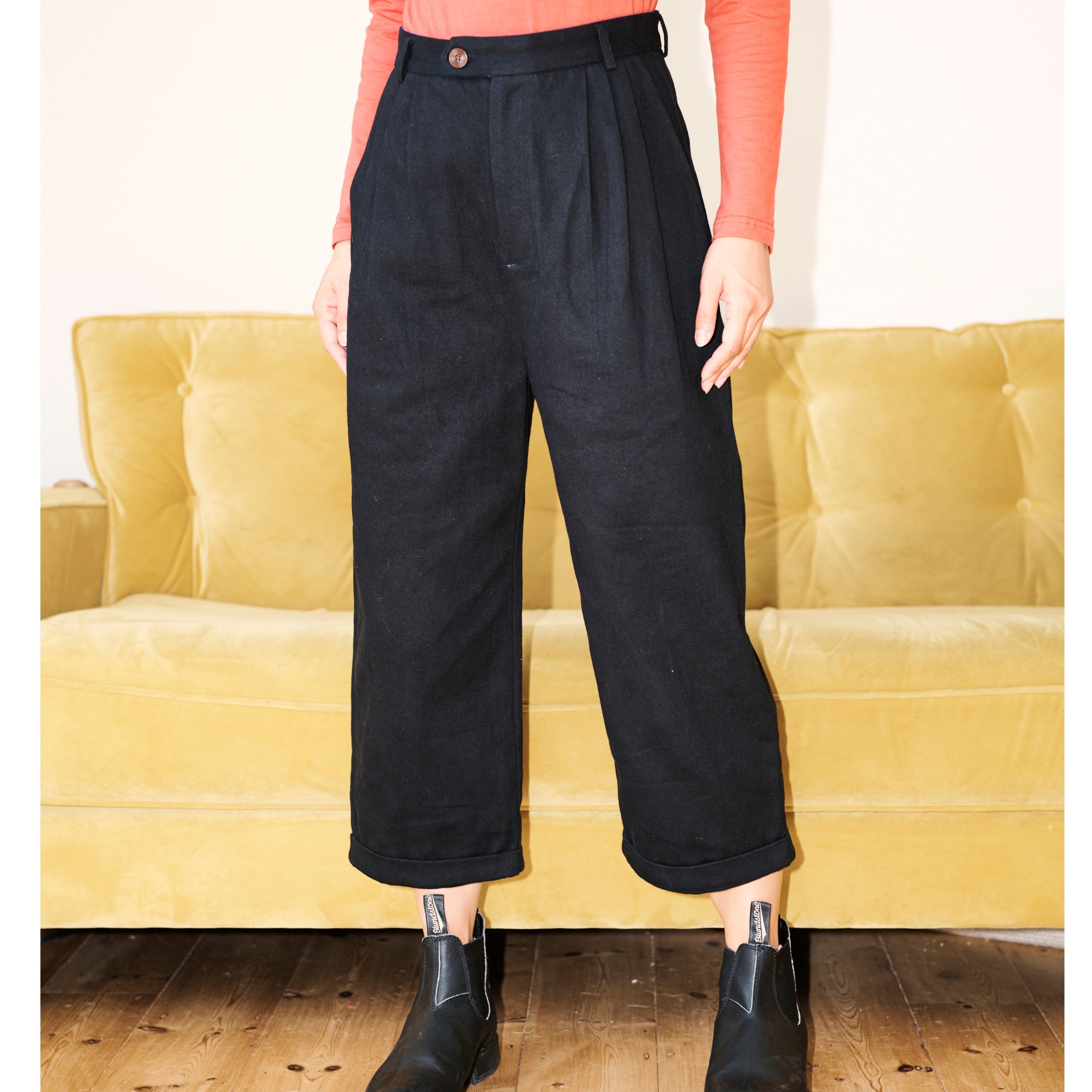 Lowie Black Cotton Drill Wide Leg Trouser