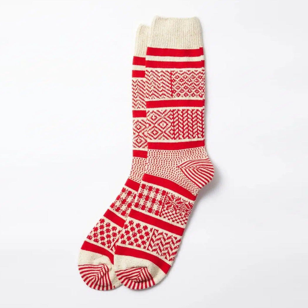 Rototo Multi Jacquard Ivory/Red Socks